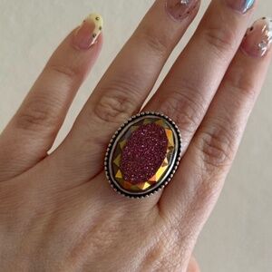 Vintage Colleen Lopez 925 Sterling Pink Druzy Ring Size 9 Adjustable